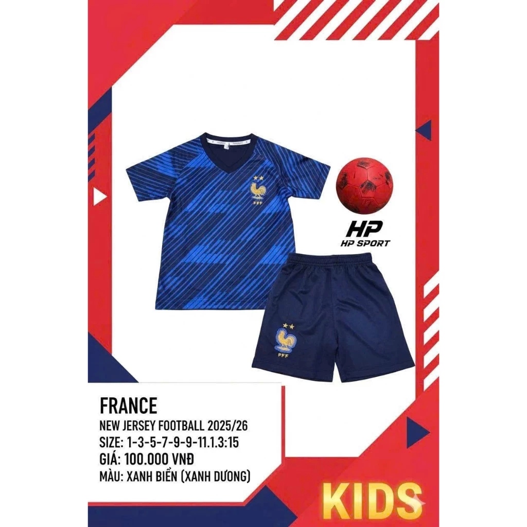 Bộ Quần Áo Đá Banh Pháp Xanh Đen Trẻ Em (Nhận In Tên Số) Thun Mè Cao Cấp Logo Thêu Kids Top Sport