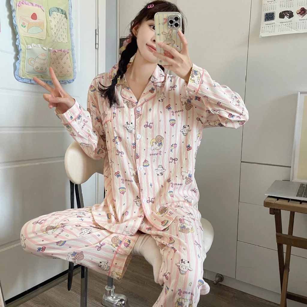 Đồ Bộ Pijama Nữ Cotton Mây Cao Cấp - Set Đồ Mặc Nhà Dài Tay Vải Bông Vân Mây Mềm Mịn, Thoáng Khí (Cừu Hồng)