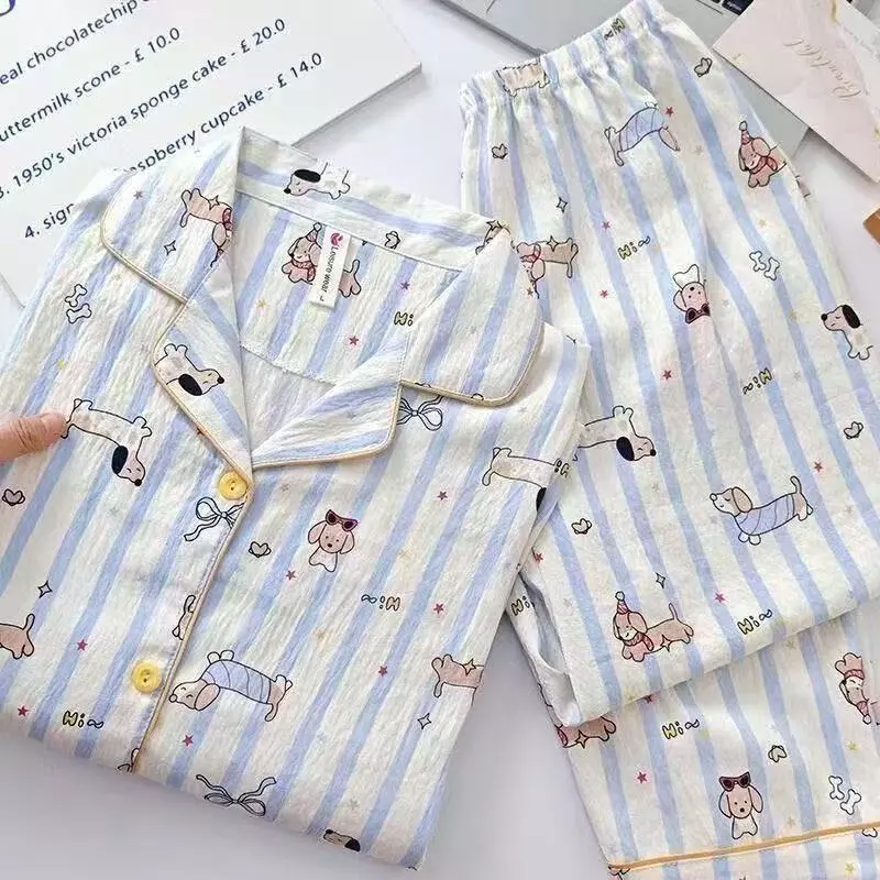 Đồ Bộ Pijama Nữ Cotton Mây Cao Cấp - Set Đồ Mặc Nhà Dài Tay Vải Bông Vân Mây Mềm Mịn, Thoáng Khí (Cún Cúc Vàng)