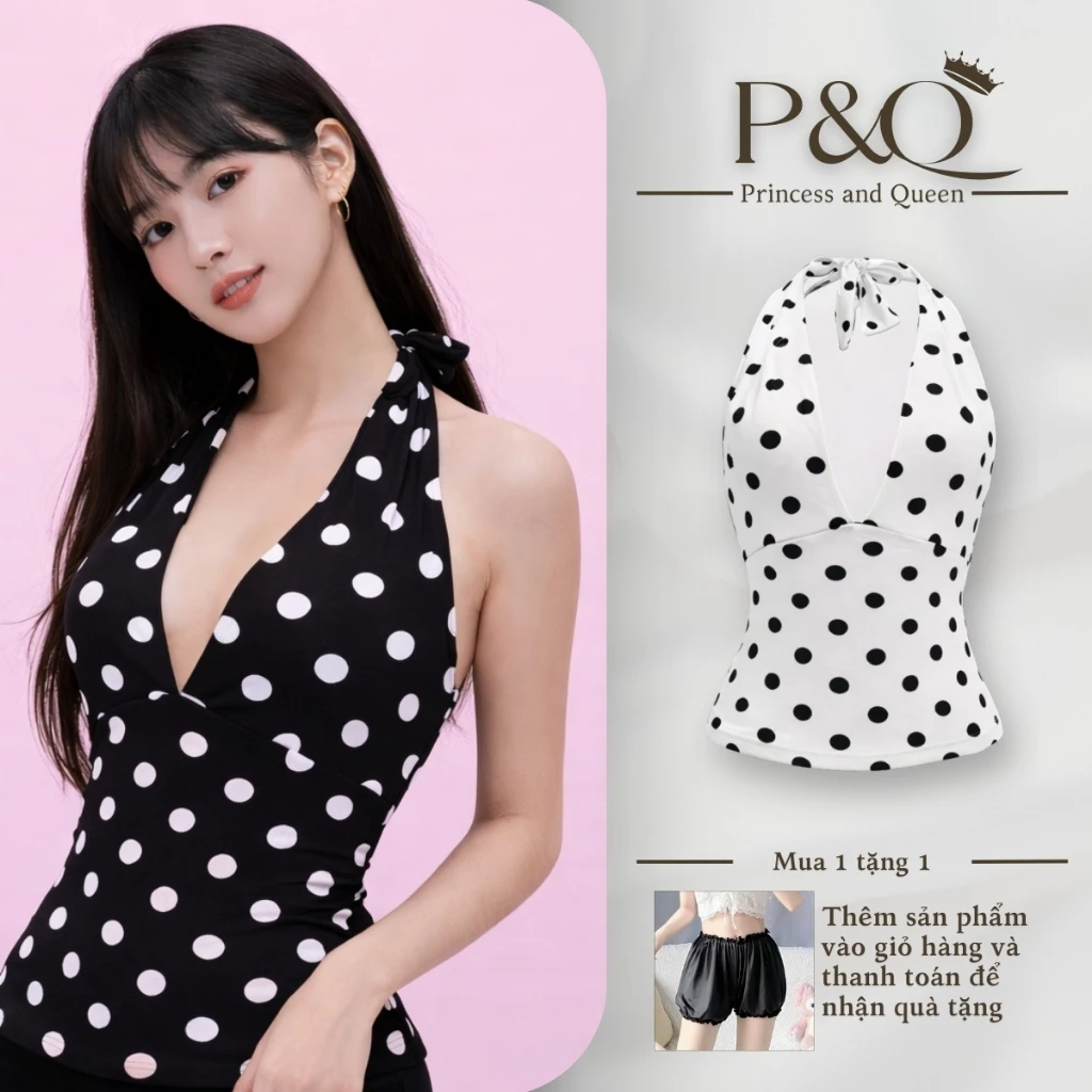 Áo kiểu nữ P&Q cổ yếm hở lưng cột nơ chấm bi thiết kế khoét ngực sang chảnh | ao0002