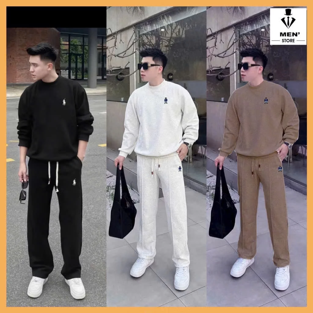 Bộ Quần Áo Nỉ Nam Logo Thêu Hình Gấu, Hàng VNXK Thu Đông Chất Nỉ 2 Da Cotton 98%  Dày Quần Có Dây Rút