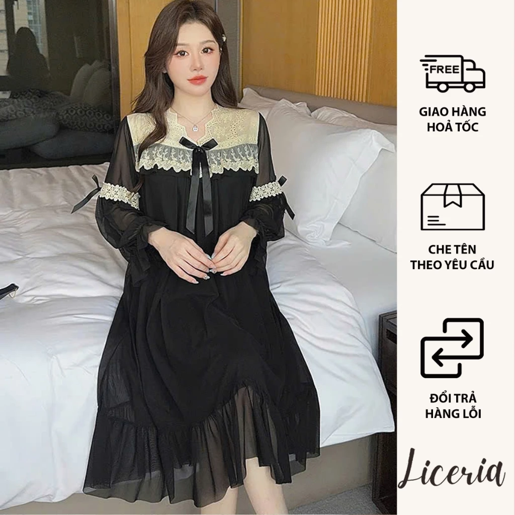 Đầm Ngủ LICERIA 5313 Phong Cách Cung Điện Kiểu Pháp Chất Voan Lưới viền Ren Trắng Có Đệm Ngực Mặc Nhẹ Mát.