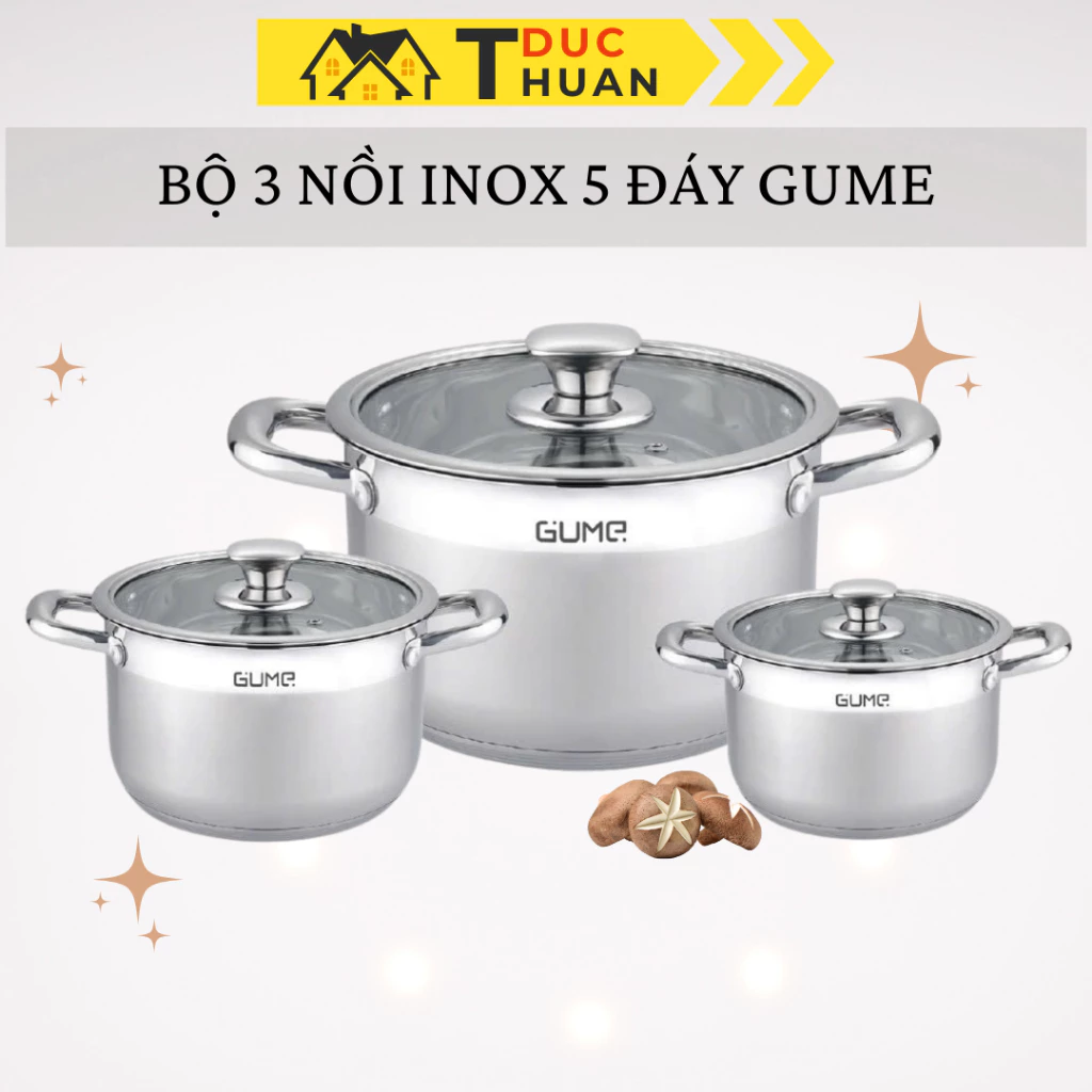 Bộ 3 nồi inox 5 đáy Gume Hàn Quốc kích thước 18cm , 20cm , 28cm - DT HOME