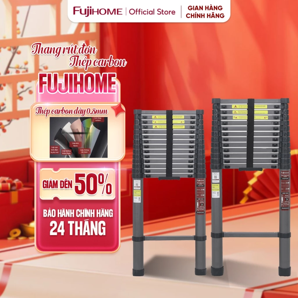 Thang rút đơn cao 5M - 5.9M thép carbon Fujihome Nhập Khẩu, thang rút chữ I 13-15 bậc khoá chốt an toàn siêu bền nhẹ