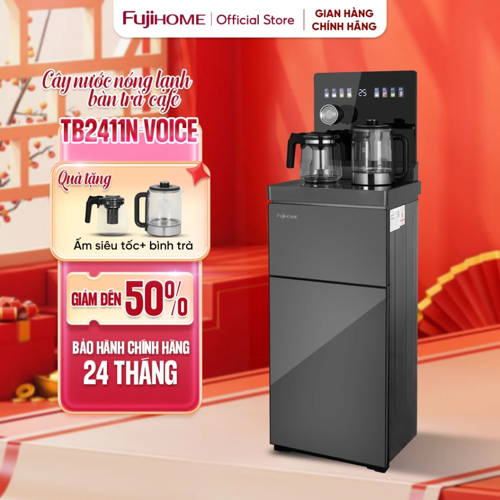 Cây nước bàn trà cafe điều khiển bằng giọng nói Fujihome TB2411N-VOICE, máy nước uống nóng lạnh cài đặt nhiệt độ sôi