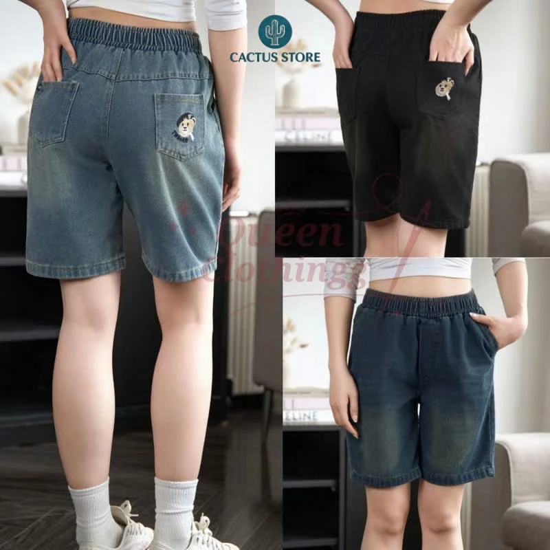 MS01 Quần bò ngố nữ thêu gấu túi sau, quần jeans ngố lưng cao co giãn thoải mái (Có lẻ và combo 2 quần)