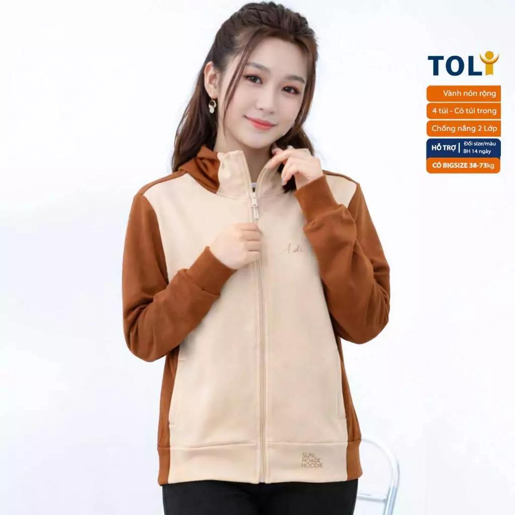 Áo Khoác Nữ TOLI KMM29 – Chống Nắng Có Mũ Rộng, Phối Màu Trendy, Vải Dày Mịn, Có Túi Trong Tiện Lợi