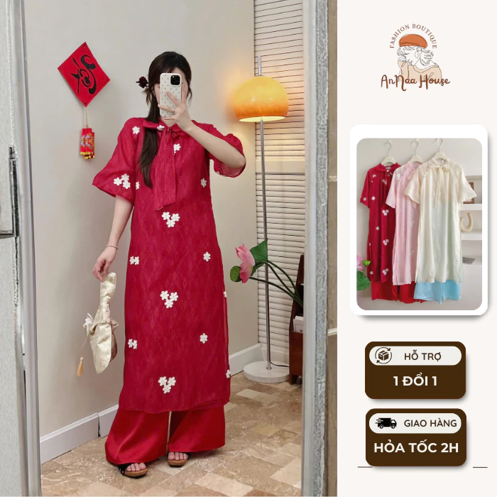 Set áo dài cách tân hoa mai 4 tà cổ nơ 3 màu siêu xinh kèm quần lụa, Áo dài cách tân lễ tết chụp ảnh thu Hà Nội