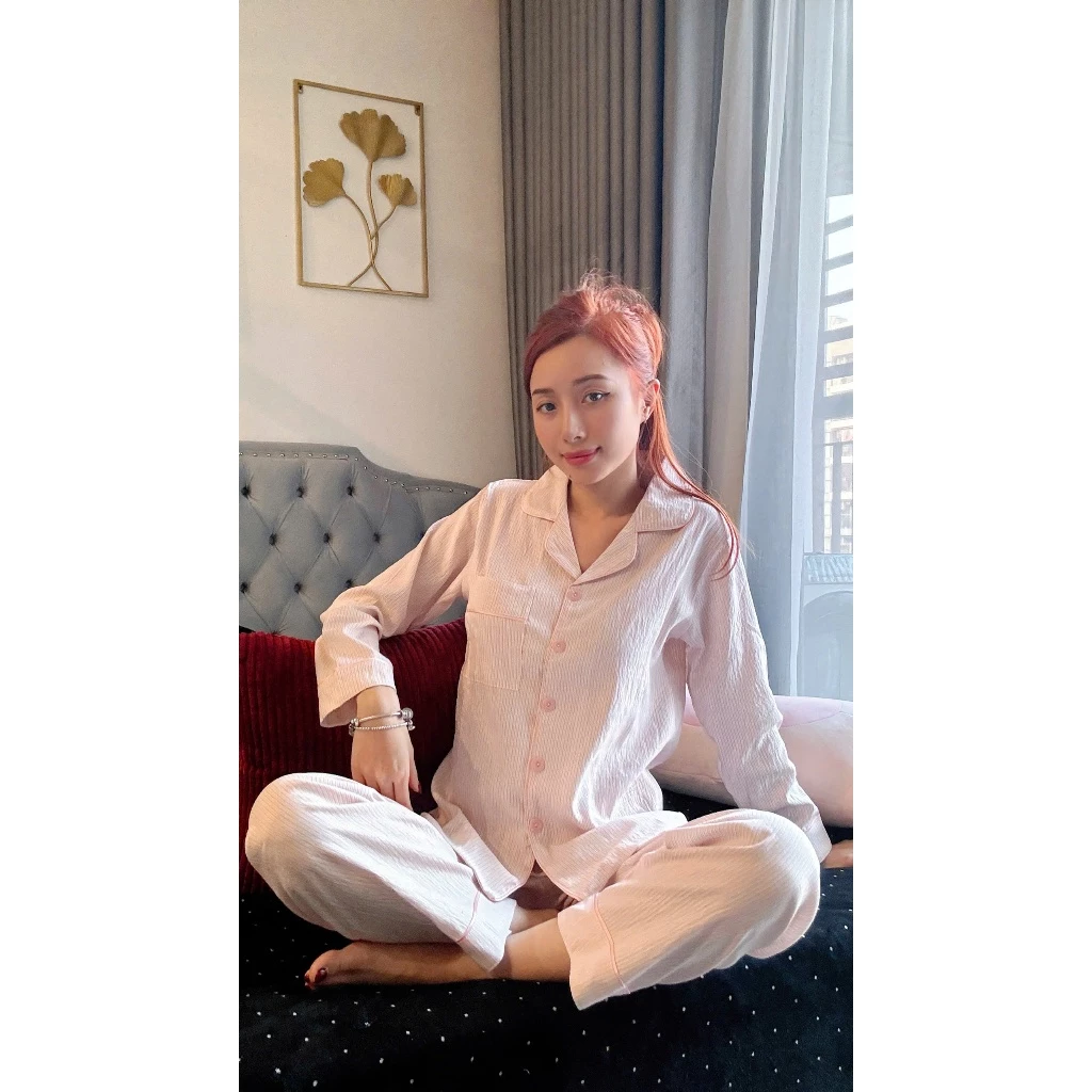 Đồ Bộ Pijama Nữ Cotton Mây Mùa Hè - Set Đồ Mặc Nhà Dài Tay Vải Bông Vân Mây Mềm Mịn, Thoáng Khí (Màu Hồng Pastel)