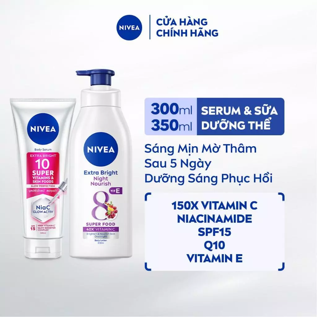 [Live] Bộ 02 Serum Dưỡng Thể NIVEA 10 Super Vitamins Skin Foods (300ml) & Sữa Dưỡng Thể Sáng Da Ban Đêm (350ml)