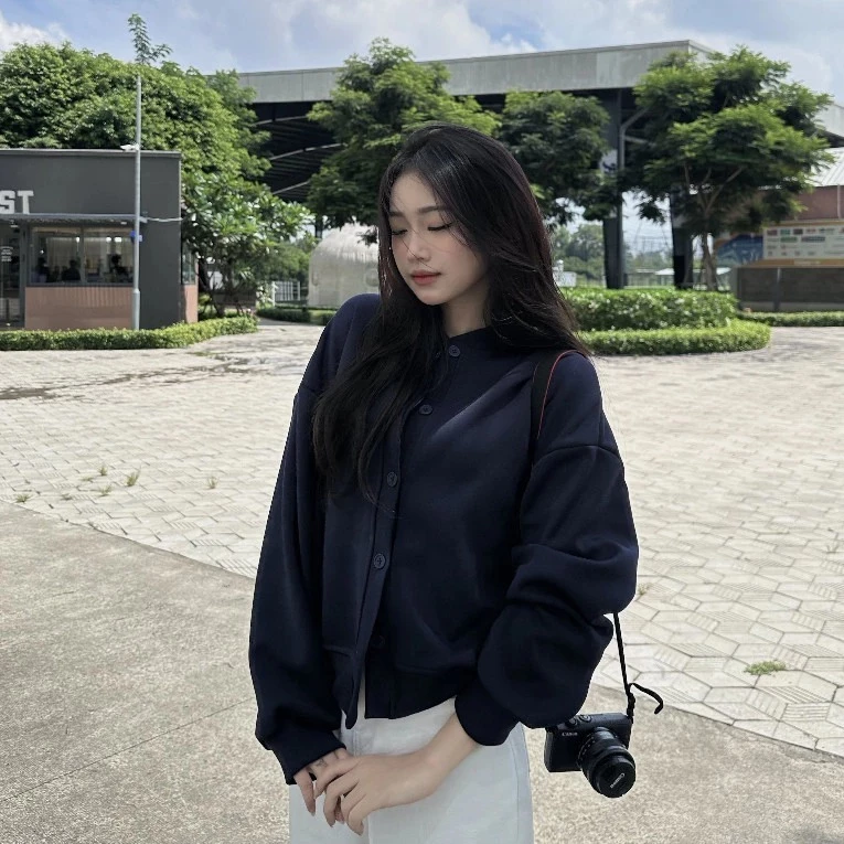 Áo Khoác Nỉ Cardigan Nữ Basic Cài Cúc Mùa Thu Đông Vải 2 Da phong cách Retro