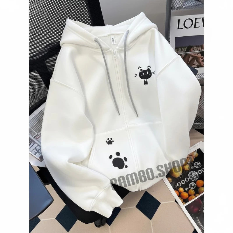 Áo Hoodie Nỉ Unisex Hình Chân Mèo Dễ Thương – Áo Khoác Có Mũ Khóa Kéo Form Rộng Nam Nữ ( có túi trong )
