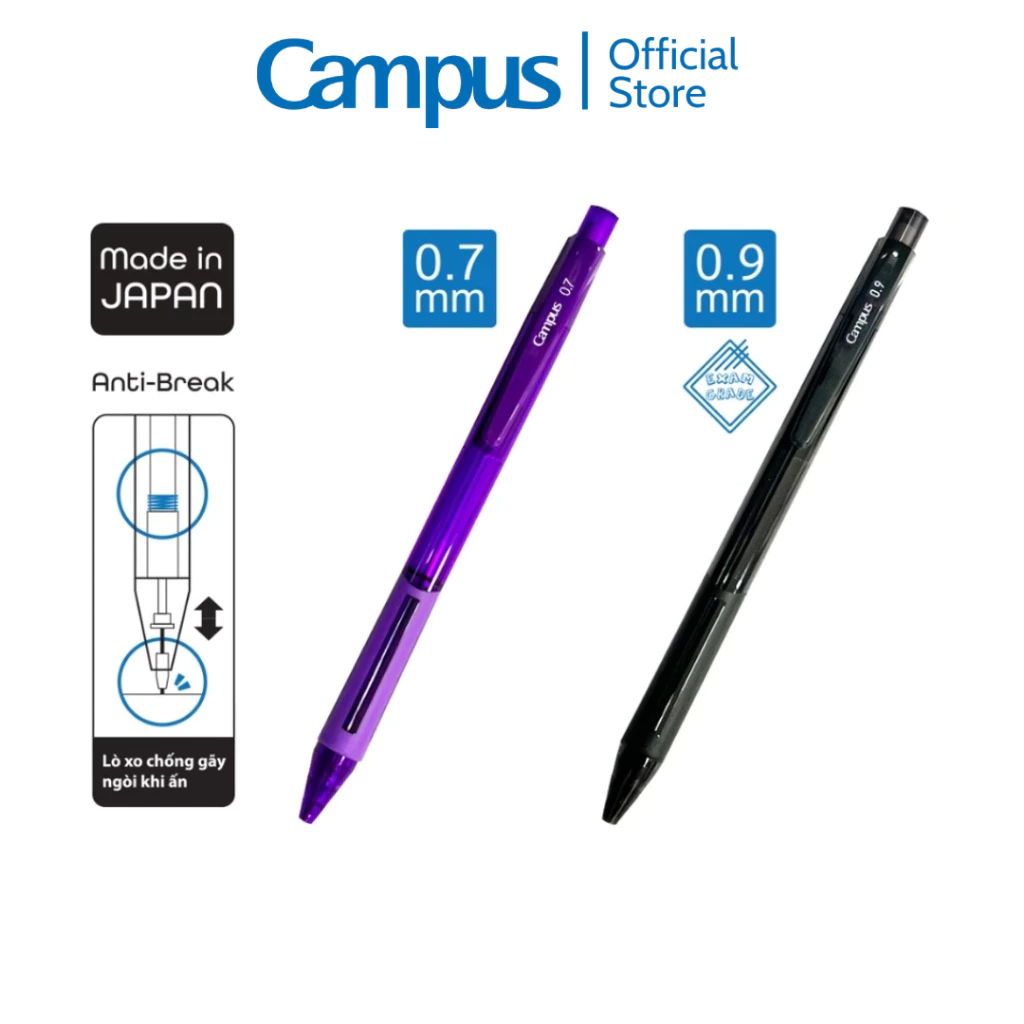 Bút Chì Bấm Campus 0.7 / 0.9mm Chống Gãy Ngòi Có Đệm Tay Chất Lượng Nhật