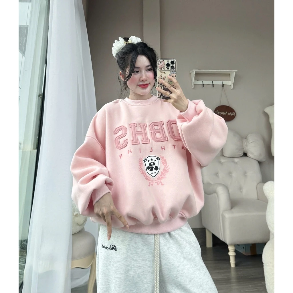 Áo Sweater Thêu Chữ Cổ Tròn Nỉ Bông QC Form Boxy Thời Trang Thu Đông