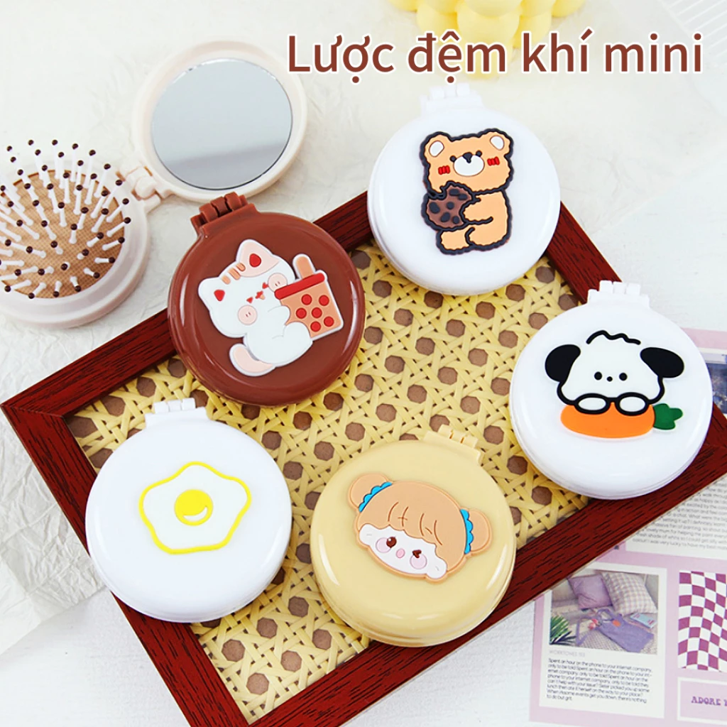 Lược Đệm Khí Gập Gọn Có Gương - Thiết Kế Dễ Thương, Mềm Mại - Nhỏ Gọn Tiện Dụng Cho Du Lịch-quà Tết