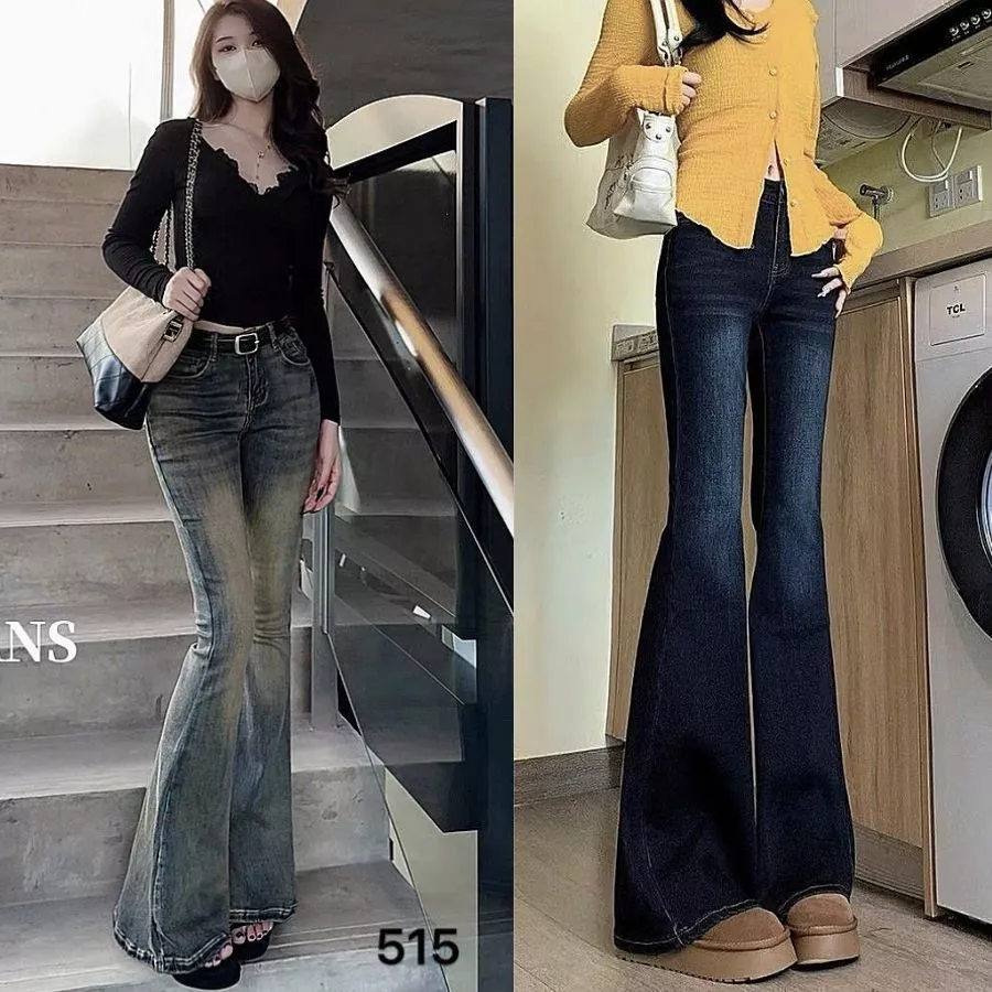MONJEANSHOP - Quần jean ống loe BIGSIZE nữ cạp giữa eo cao, quần bò nữ đi chơi đi học MS515