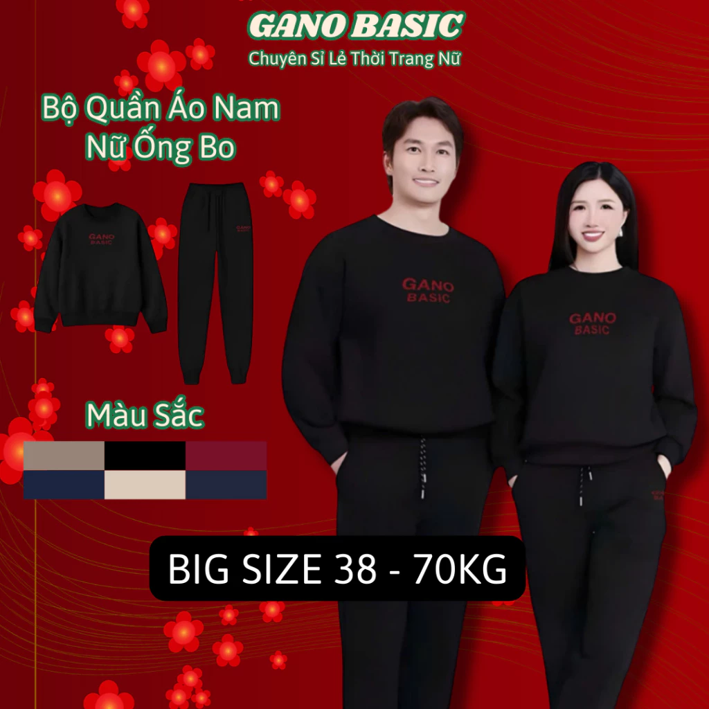 Bộ Quần Áo Nỉ Nam Nữ BIGSIZE GANO BASICQuốc Dân Cao Cấp In Chữ Dập Nổi Women Top Chất Liệu nỉ Bông Cao Cấp