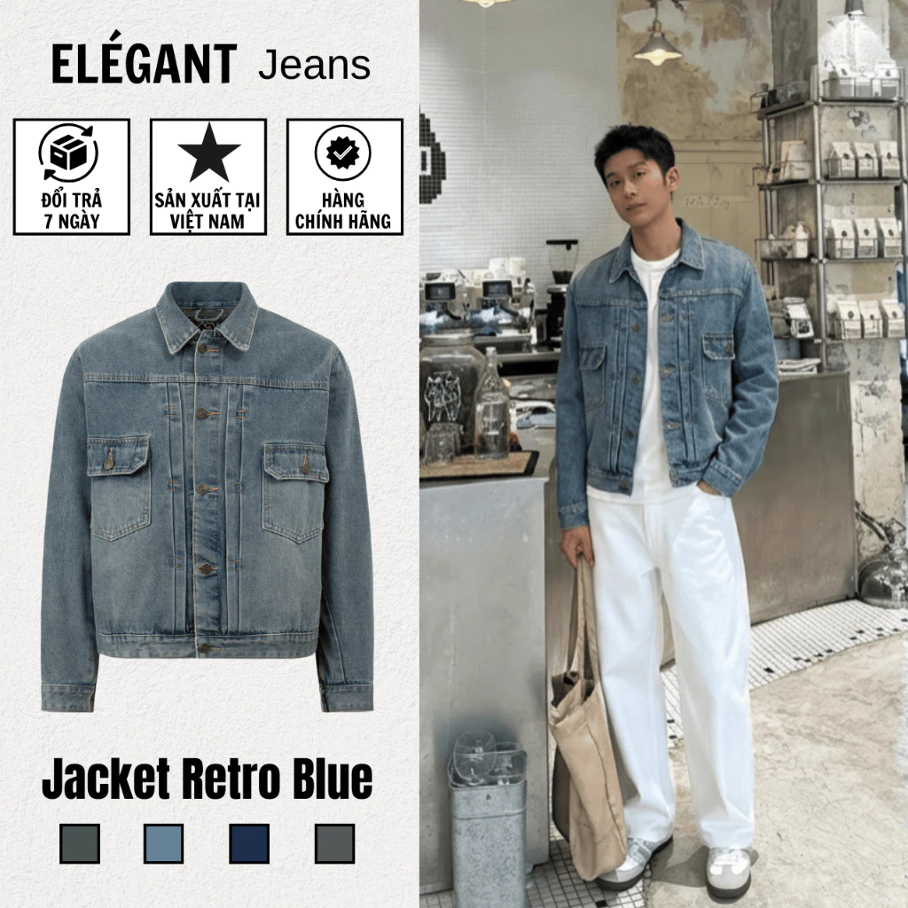 Jacket Jeans - Áo Khoác Jean Nam Màu Retro Blue, Áo Bò Nam Màu Xanh Wash Form Rộng Cao Cấp