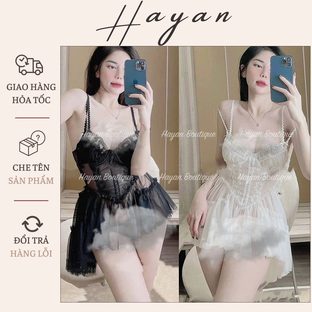 HT26 Váy ngủ sexy ren xuyên thấu tôn dáng có GỌNG, đồ ngủ đuôi cá hách dáng gợi cảm HT26
