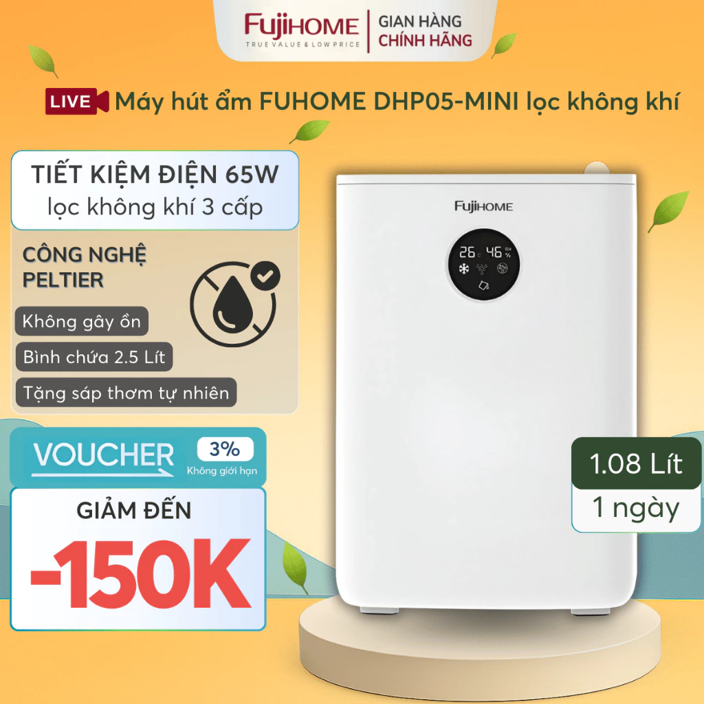 Máy hút ẩm mini 2 trong 1 lọc không khí FUJIHOME DHP05-MINI, máy hút ẩm nhỏ gọn chống nồm để bàn