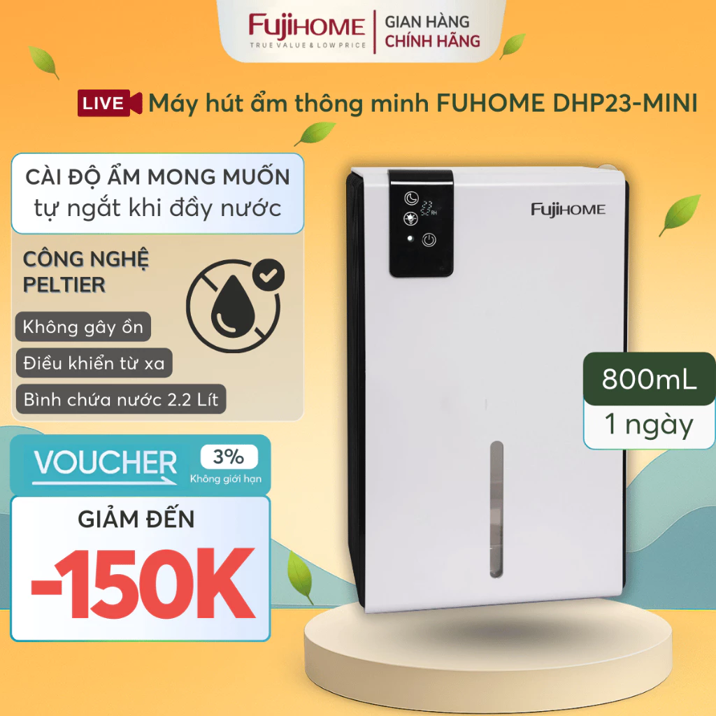 Máy hút ẩm mini phòng ngủ FUJIHOME DHP23-MINI, máy khử ẩm không khí tủ quần áo công suất lớn