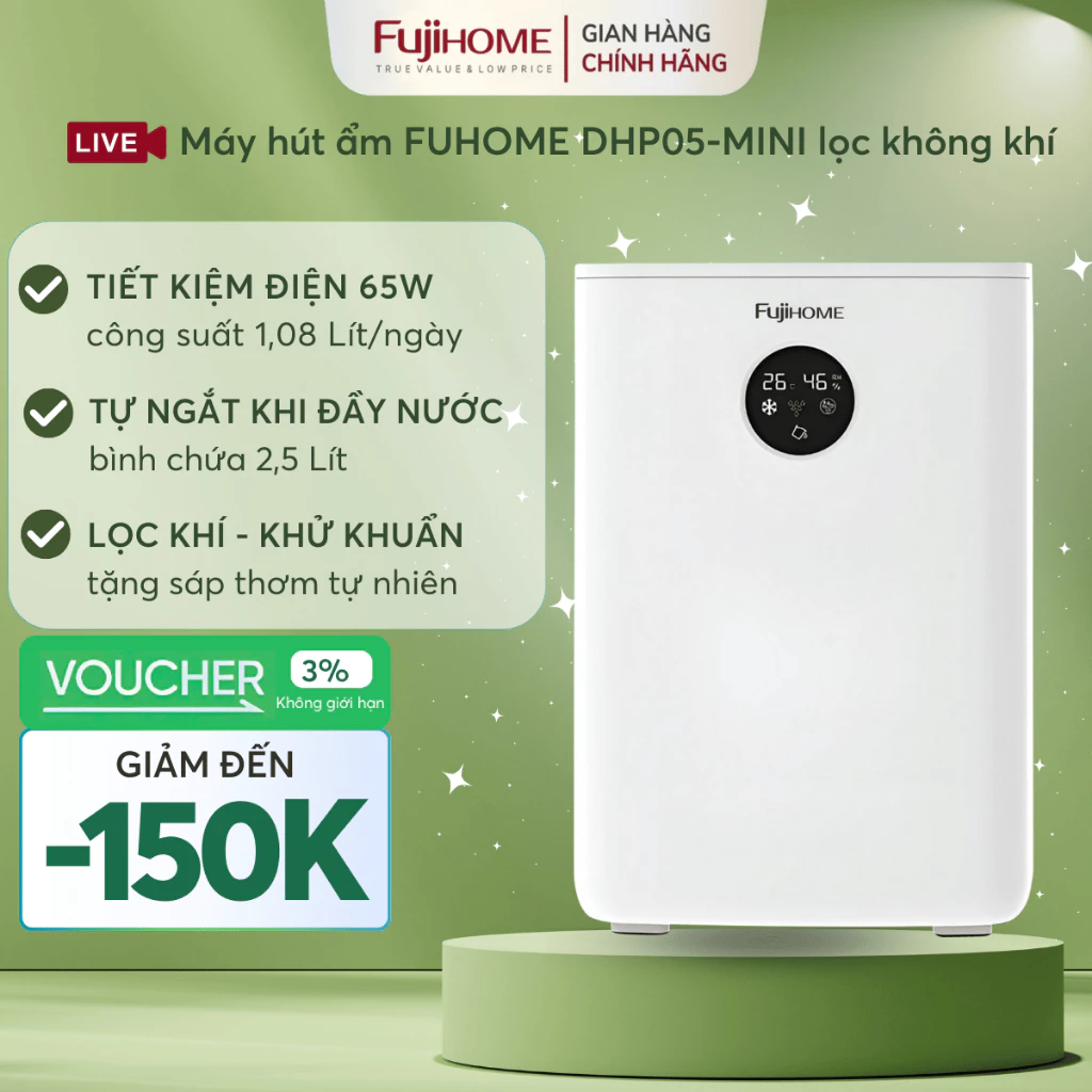 Máy hút ẩm không ồn FUJIHOME DHP05-MINI, máy lọc độ ẩm mini dùng cho phòng làm việc và tủ giày