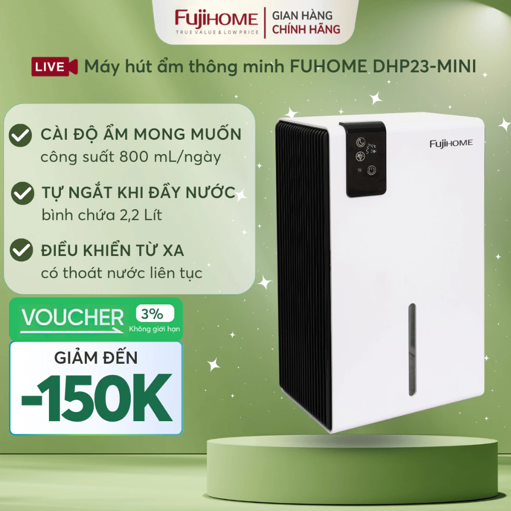 Máy hút ẩm mini phòng ngủ tiết kiệm điện FUJIHOME DHP23-MINI, máy khử ẩm gia đình nhỏ gọn chống nồm