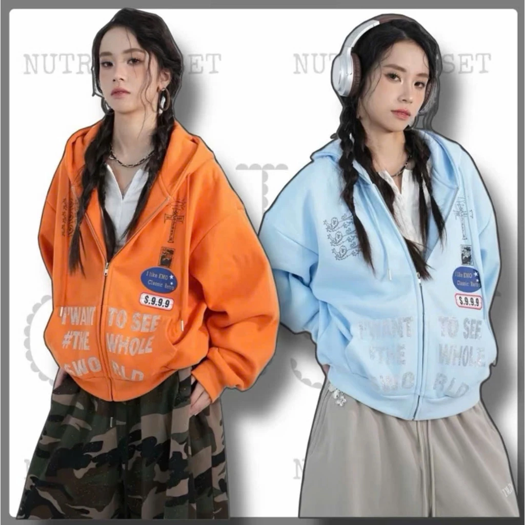 Áo Hoodie Nữ Khóa Kéo In Chữ Thập Mặt Trời Cá Tính, Hoodie Zip Unisex In Chữ Màu Cam Xanh Baby