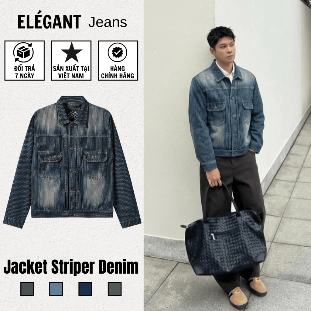 Jacket Jeans - Áo Khoác Jean Nam Màu Striper Denim, Áo Bò Nam Màu Xanh Wash Kẻ Sọc Form Rộng Cao Cấp