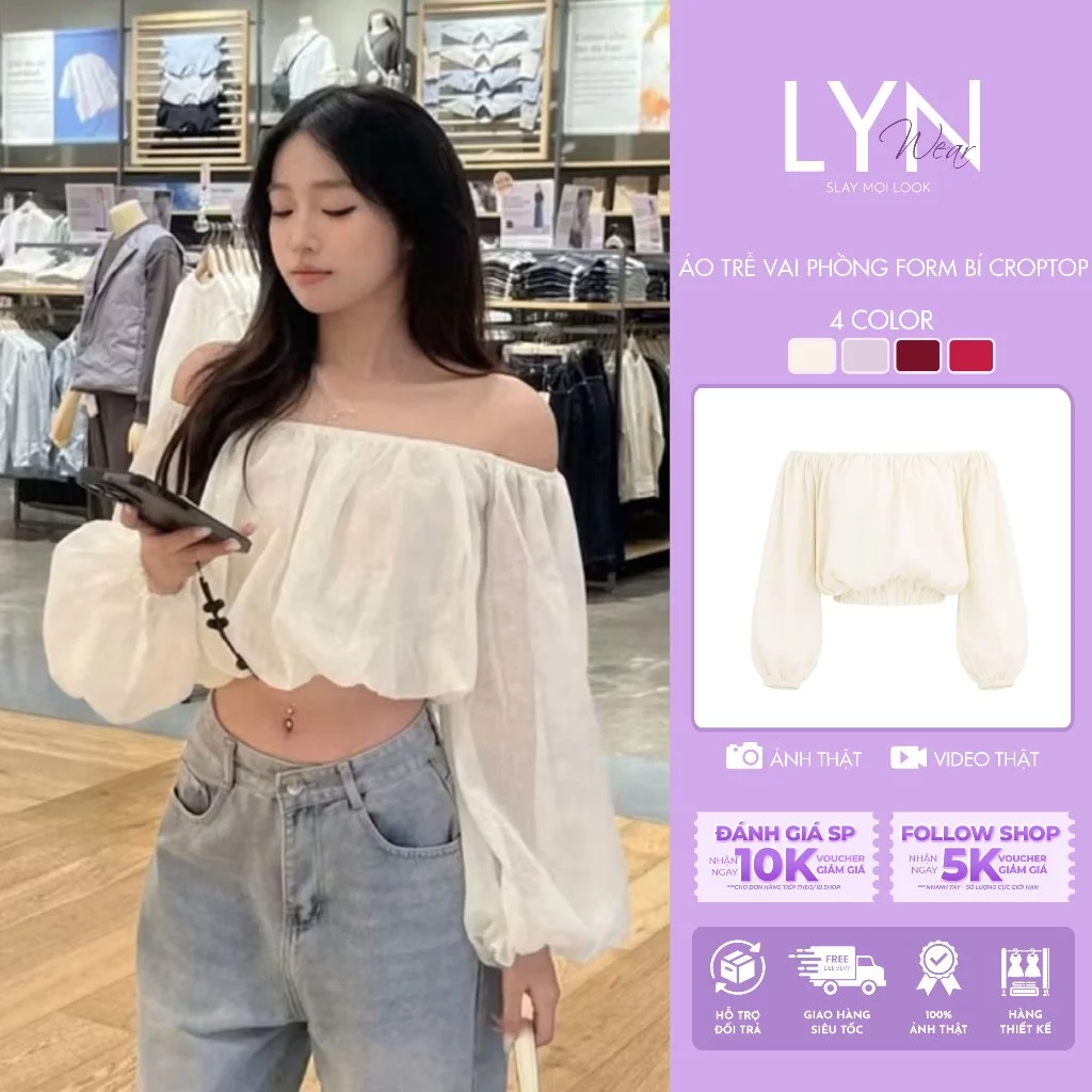 | LYN WEAR | (HOẢ TỐC) Áo Trễ Vai Tay Phồng Nữ Croptop Dáng Bí xuyên thấu nhẹ Mặc Tết, Đi Chơi, Đi Tiệc Nhẹ