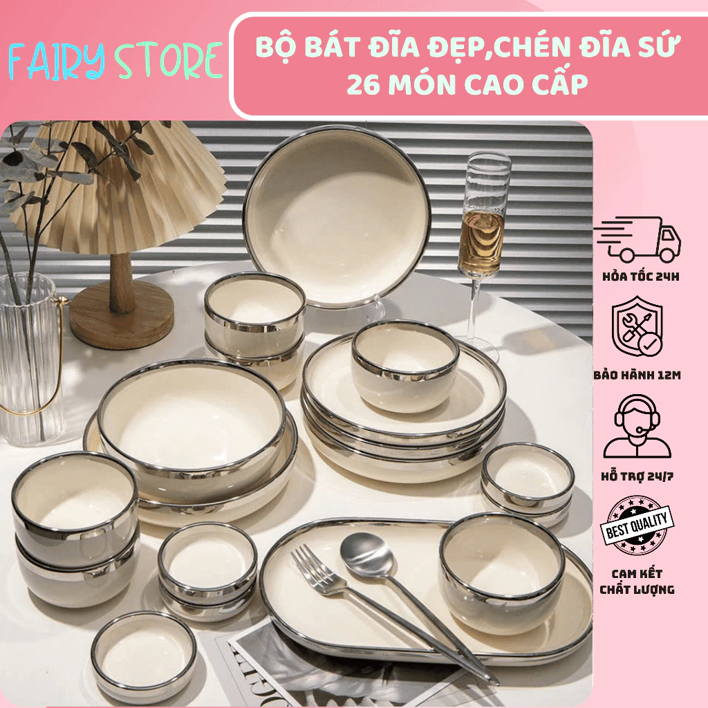 Bộ Bát Đĩa Đẹp,Chén Đĩa Sứ 26 Món Viền Vàng Cao Cấp Phong Cách Bắc Âu Dành Cho 6 Người Ăn,Sang Trọng