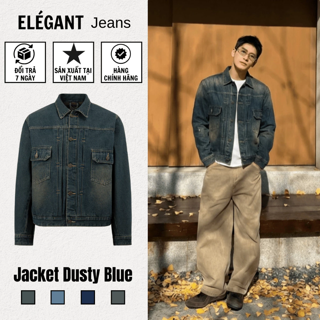 Jacket Jeans - Áo Khoác Jean Nam Màu Dusty Blue, Áo Bò Nam Màu Xanh Wash Vàng Form Rộng Cao Cấp