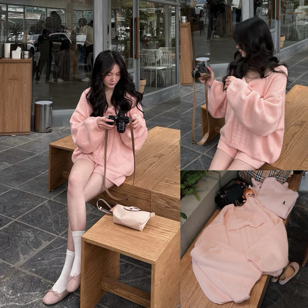 [Steezy] Set áo len vặn thừng phối nơ oversize kèm quần short len form rộng, bộ đồ len cutie đông xuân cho nữ SE0601