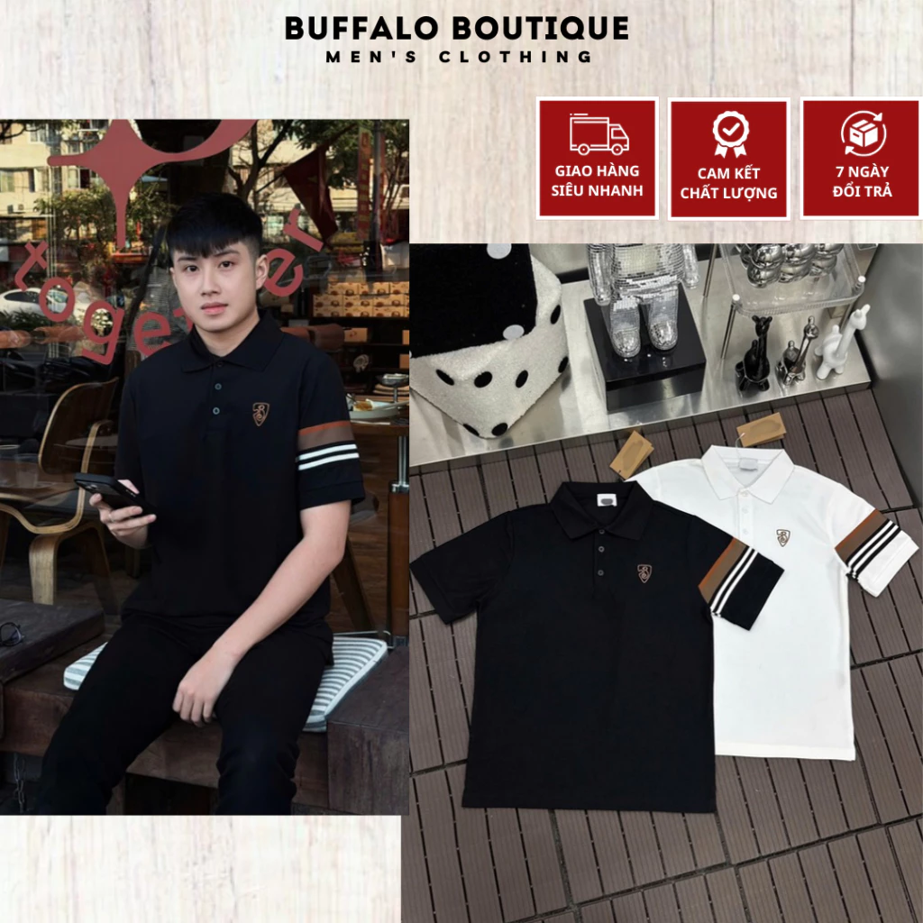 Áo Polo Nam Chất Cotton Gai Cá Sấu Cao Cấp - Áo Polo Nam Nữ Họa Tiết Phối Tay Bo Nâu 4 Màu Siêu Đẹp