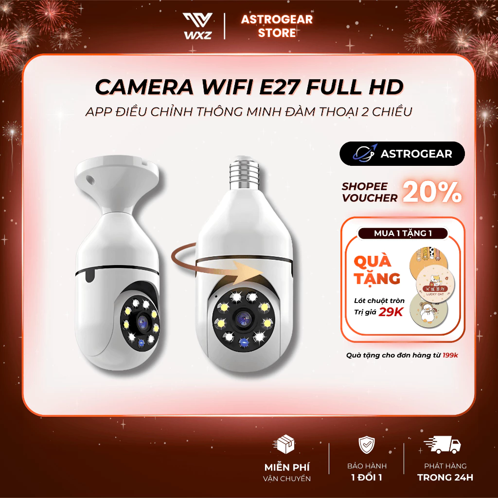 Camera Wifi 360 Độ Lắp Đui Đèn E27, Full HD 1080P, Đàm Thoại 2 Chiều, Hồng Ngoại Ban Đêm, Có App