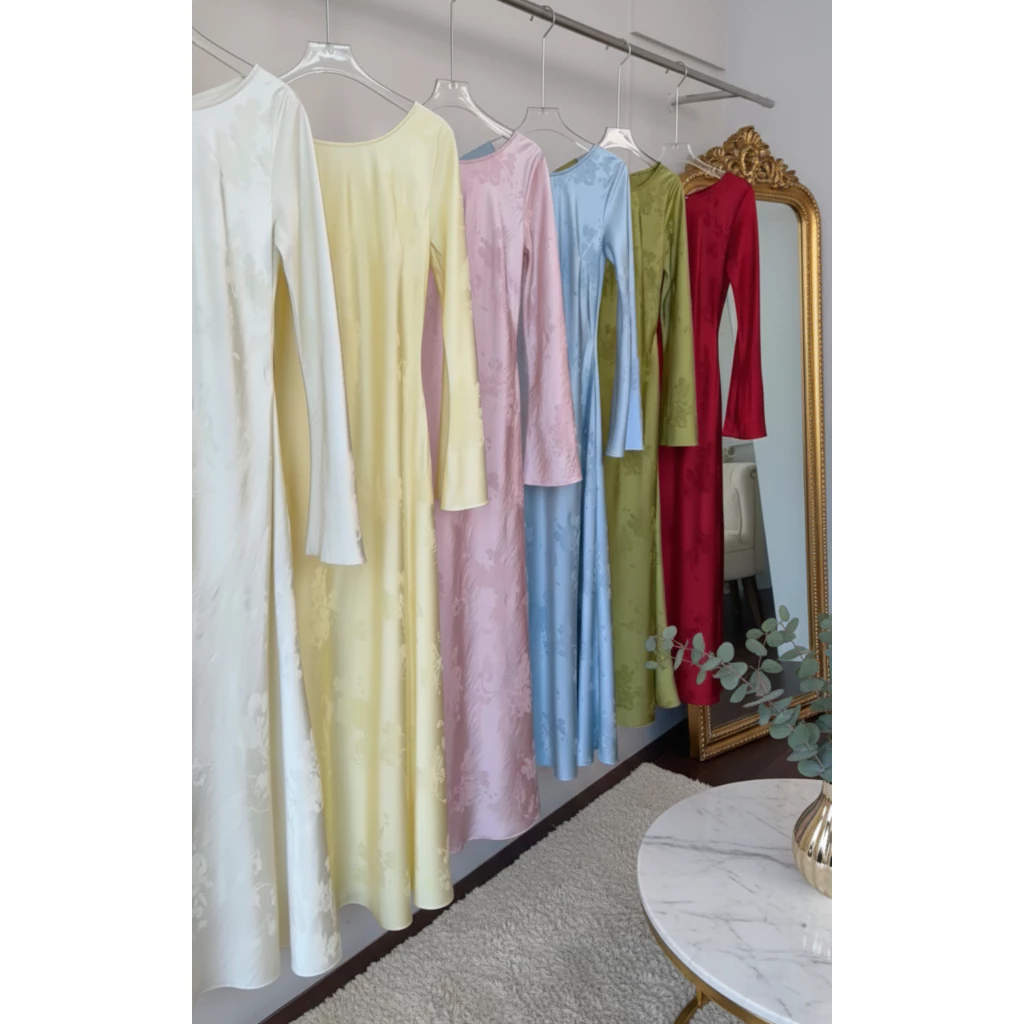 LYC FASHION - AN YÊN Đầm Lụa Gấm Cổ Tròn Tay Dài