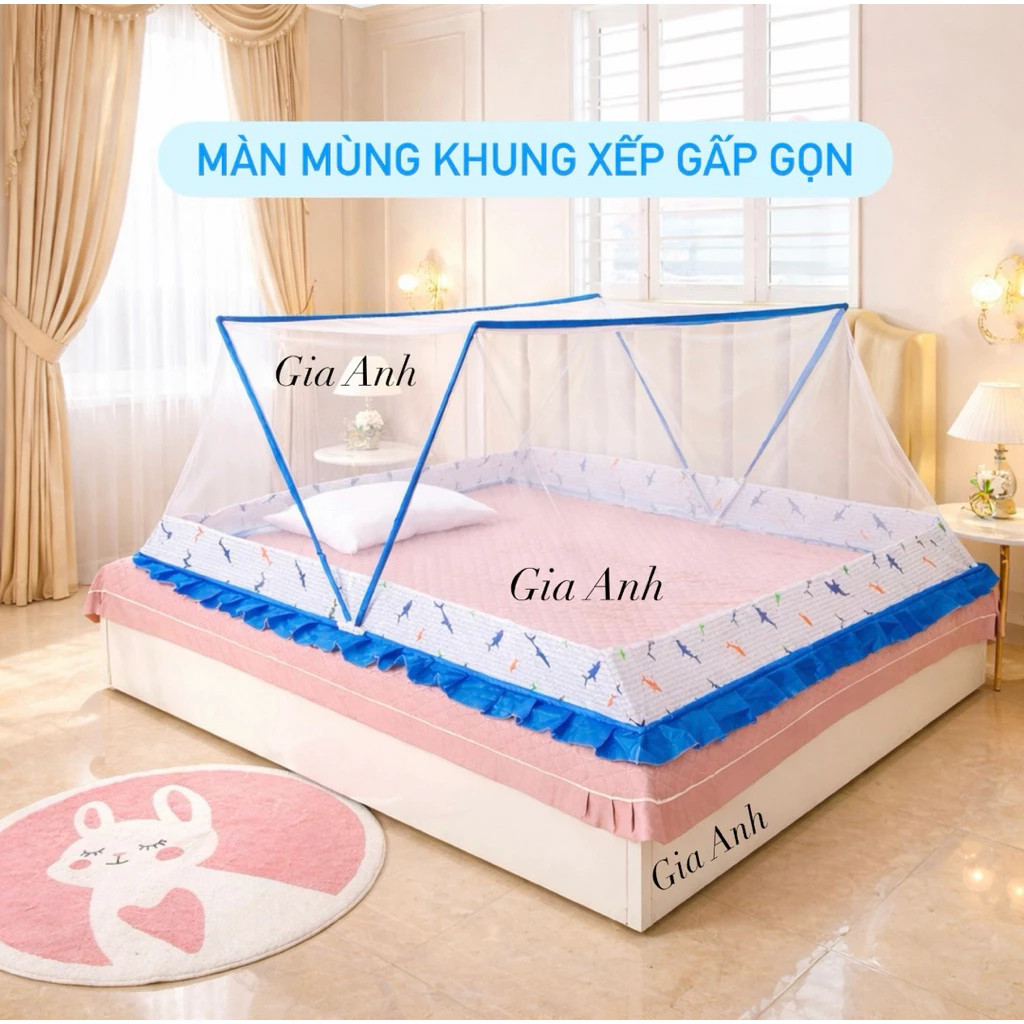 [Mẫu 2026] Mùng Khung Xếp Thông Minh GIA ANH CAO CẤP - Khung Cacbon - Chống Bẹp - Vải Dày Mắt Nhỏ