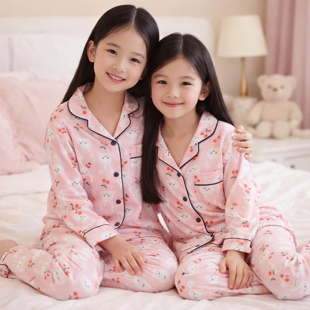 11 đến 40kg Bộ pijama bé gái mùa hồng vải lụa cao cấp hình thỏ dễ thương 089
