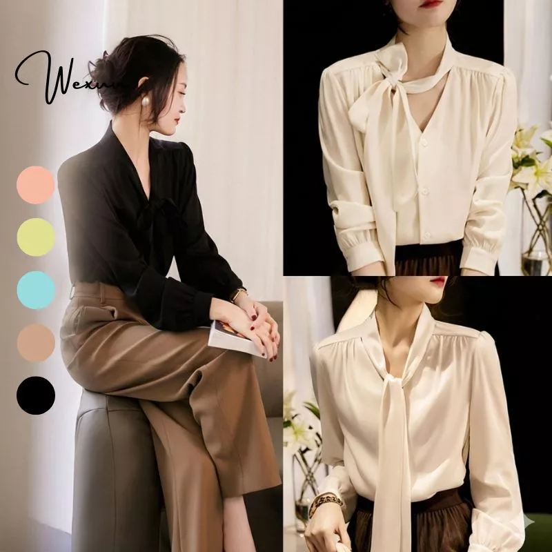 Áo Sơ Mi Nữ Cổ Thắt Nơ Dài Tay Form Hàn WEXUU Vải Lụa Mềm Mát Tay Bồng Thanh Lịch Công Sở - SP58