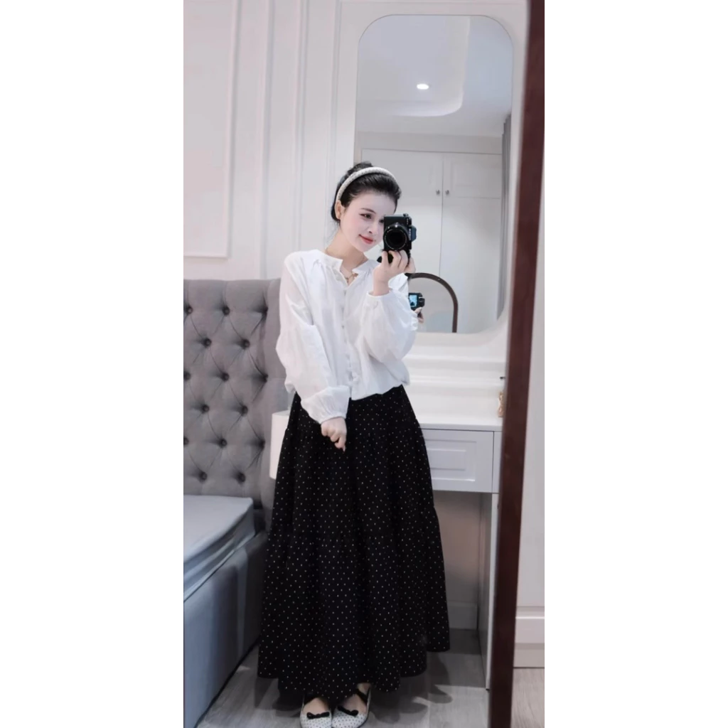 V63-[SANSAN]- HÀNG SẴN GIAO NGAY - Chân Váy Ba Tầng Form Bồng Tự Nhiên, Chất TUYTSI Hoạ Tiết Chấm Bi, Phù Hợp Mặc 4 Mùa