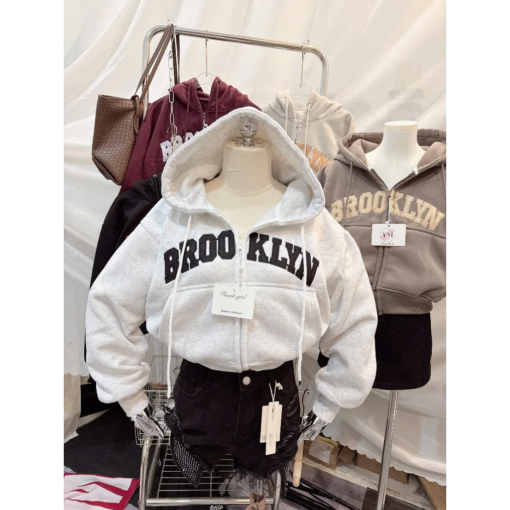 Áo Hoodie Khóa Kéo Croptop Thêu Chữ BROOKLYN,Có Túi Trong Unisex, Nỉ Bông Dày Mặc Thu Đông