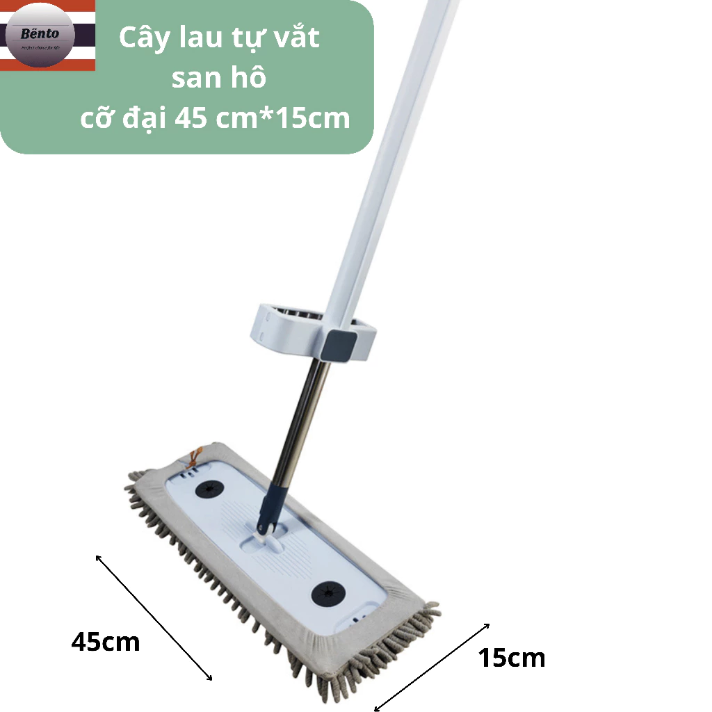 Bentomop_Bộ cây lau nhà tự vắt bông lau san hô cải tiến, cỡ đại kích thước rộng 15cm & Dài 45cm, thấm hút tốt