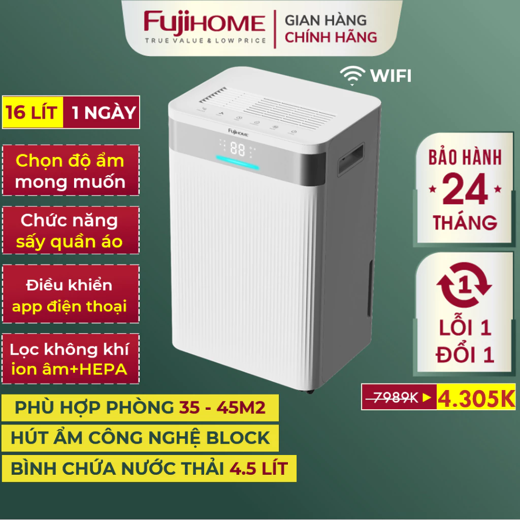 Máy hút ẩm thông minh Nhập Khẩu FUJIHOME DH16NW-HEPA 16L,  máy hút ẩm dân dụng lọc không khí