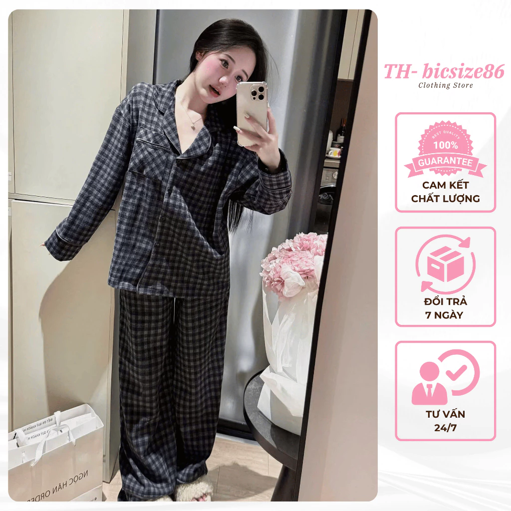 Bộ đồ ngủ nữ, bộ đồ ngủ lót lông kẻ caro tay dài chất dạ kẻ lót lông hàng đẹp bigsize