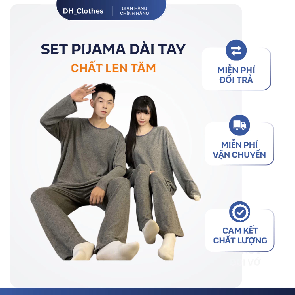 Set Đồ Ngủ Dài Tay Dh_clothes BD01, Chất Len Tăm, Mặc Thu Đông