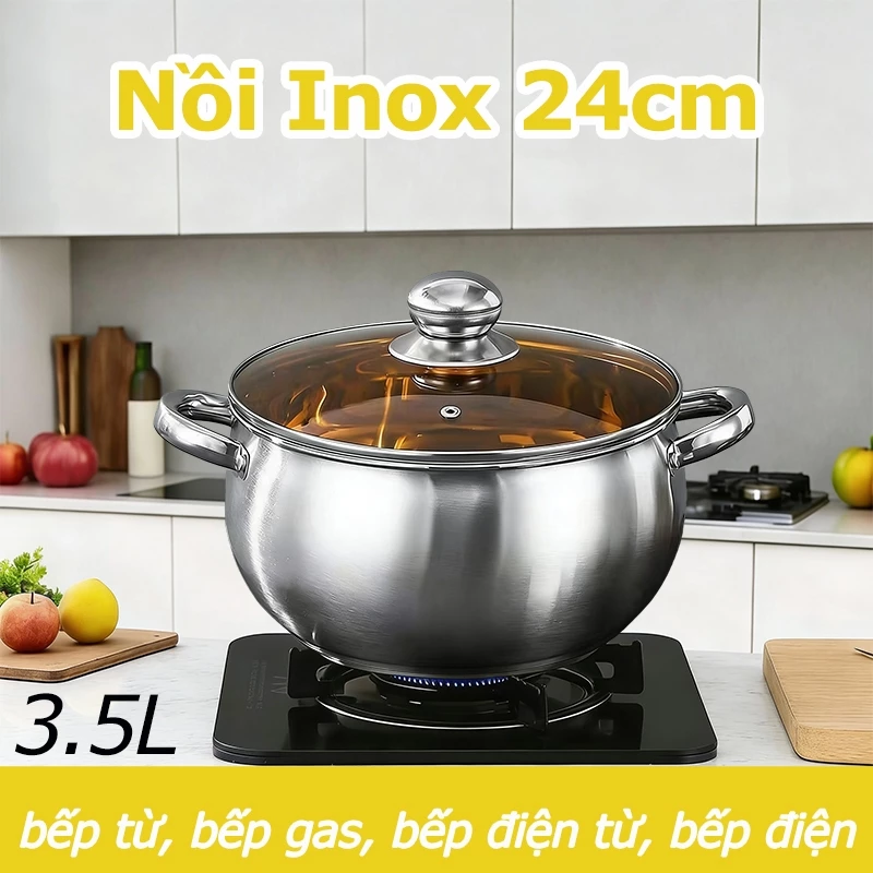 Nồi Inox 24cm, Nồi Lẩu Inox 304, Dùng Cho Mọi Loại Bếp Có Nắp Tay Cầm, Nồi Canh, Nồi Inox, Nồi Sắt