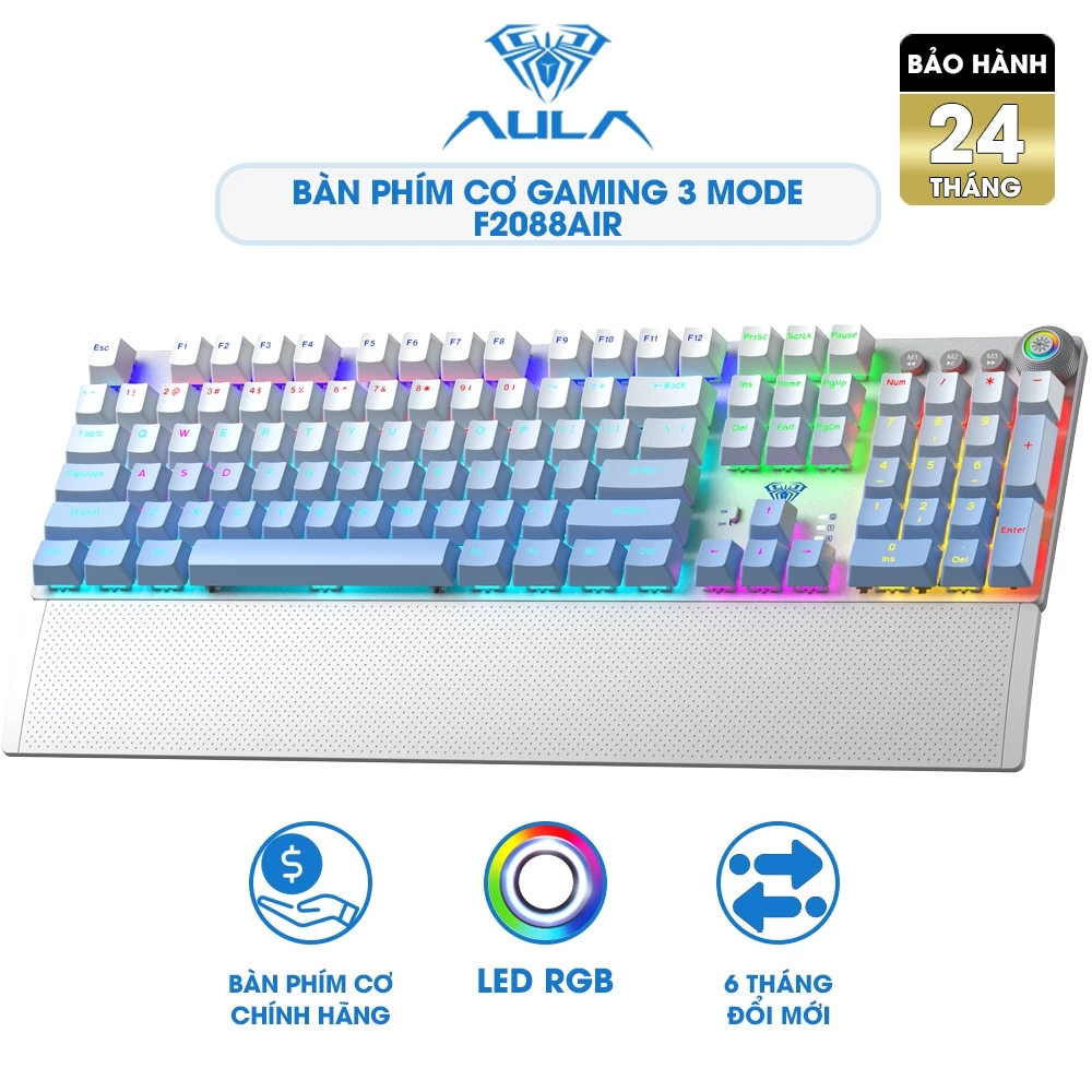 Bàn phím cơ gaming AULA F2088AIR 3 chế độ kết nối, LED rainbow hỗ trợ hotswap, có tặng kèm kê tay