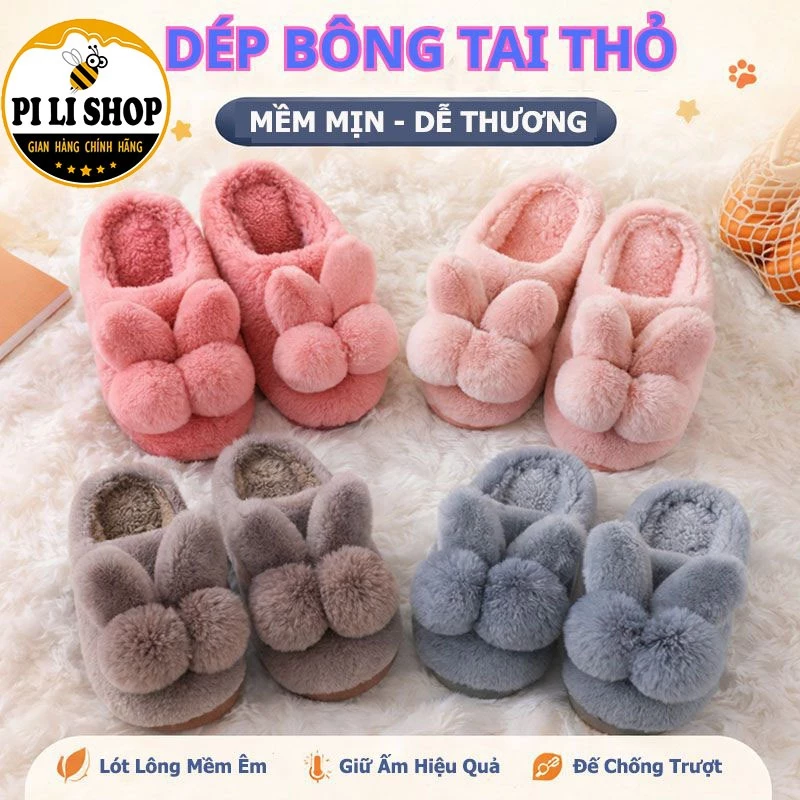 Dép Lông Giữ Ấm Mang Trong Nhà Hình Tai Thỏ, Dép Bông Nữ Bít Mũi Quai Ngang Đế Mềm Mang Êm Chân