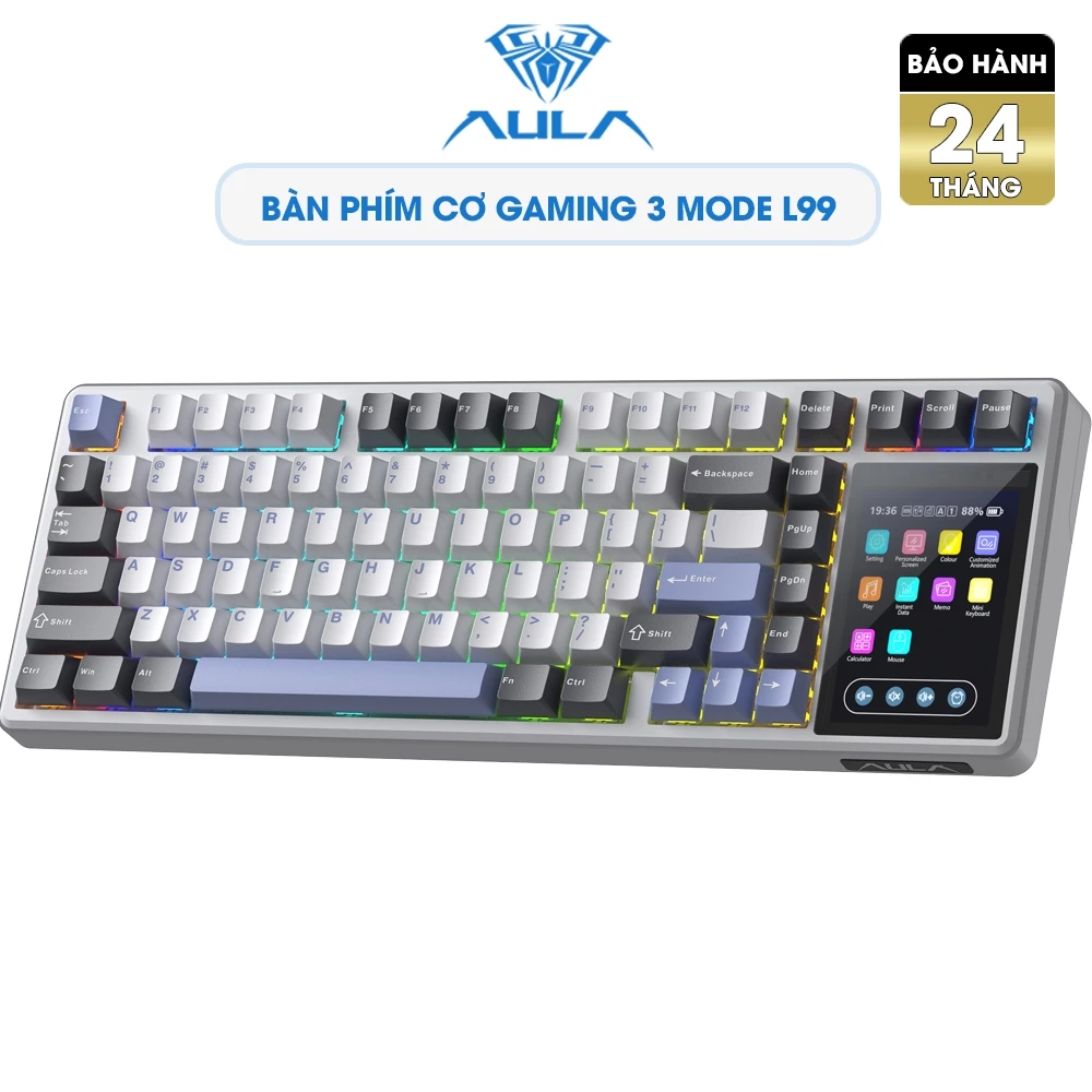 Bàn phím cơ gaming AULA L99 có màn hình 3.98 inch hiển thị ảnh GIF, thời gian, nhiệt độ, LED RGB, 3 mode kết nối