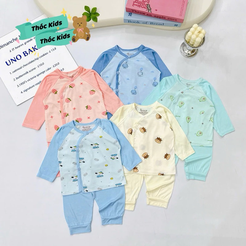 (3-8kg) Bộ dài tay nút chéo xuân hè chất petit cho bé sơ sinh, trẻ em